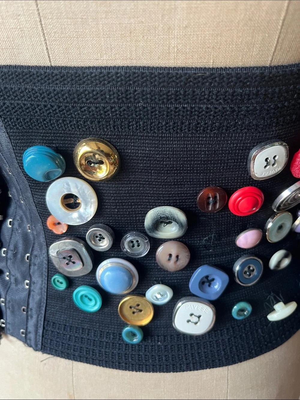 Vintage Black Elastic Waist Belt with Multicolor Button Accents